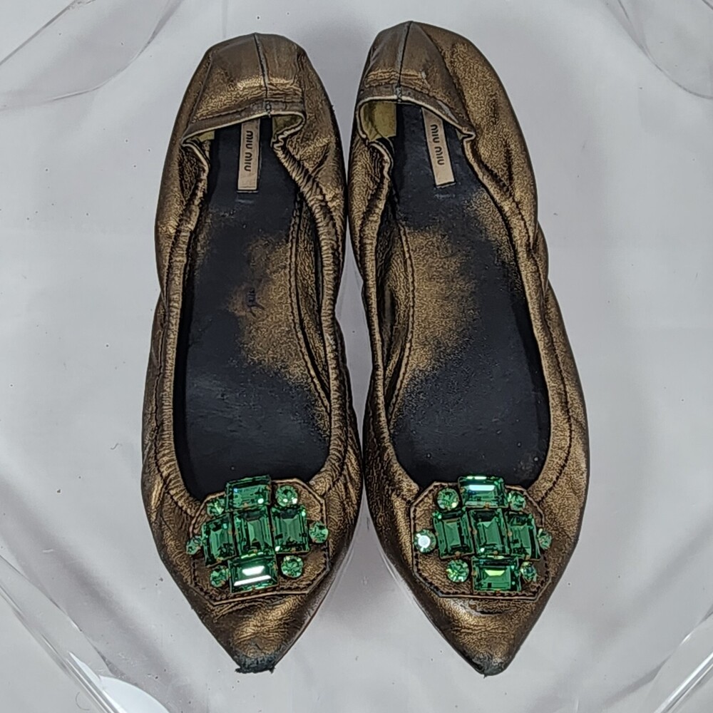 PRADA Miu Miu 39 Embellished Rhinestone Pointed Toe Bronze Leather Ballet Flats